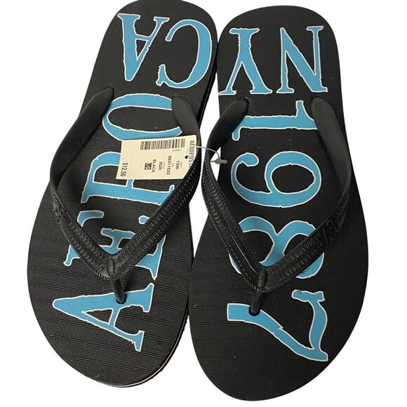 Aeropostale Mens Flip Flops Black &‎ Blue "NYC 1987" Design size L Nwt - Picture 1 of 4